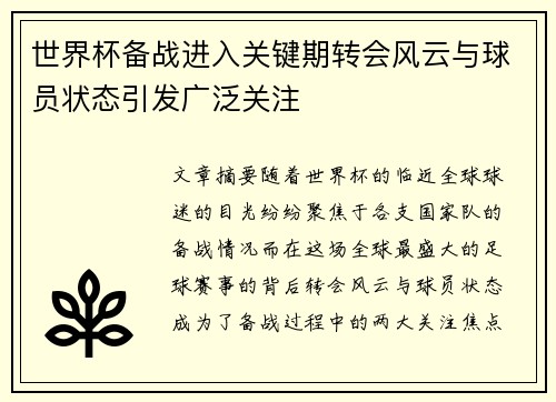 世界杯备战进入关键期转会风云与球员状态引发广泛关注